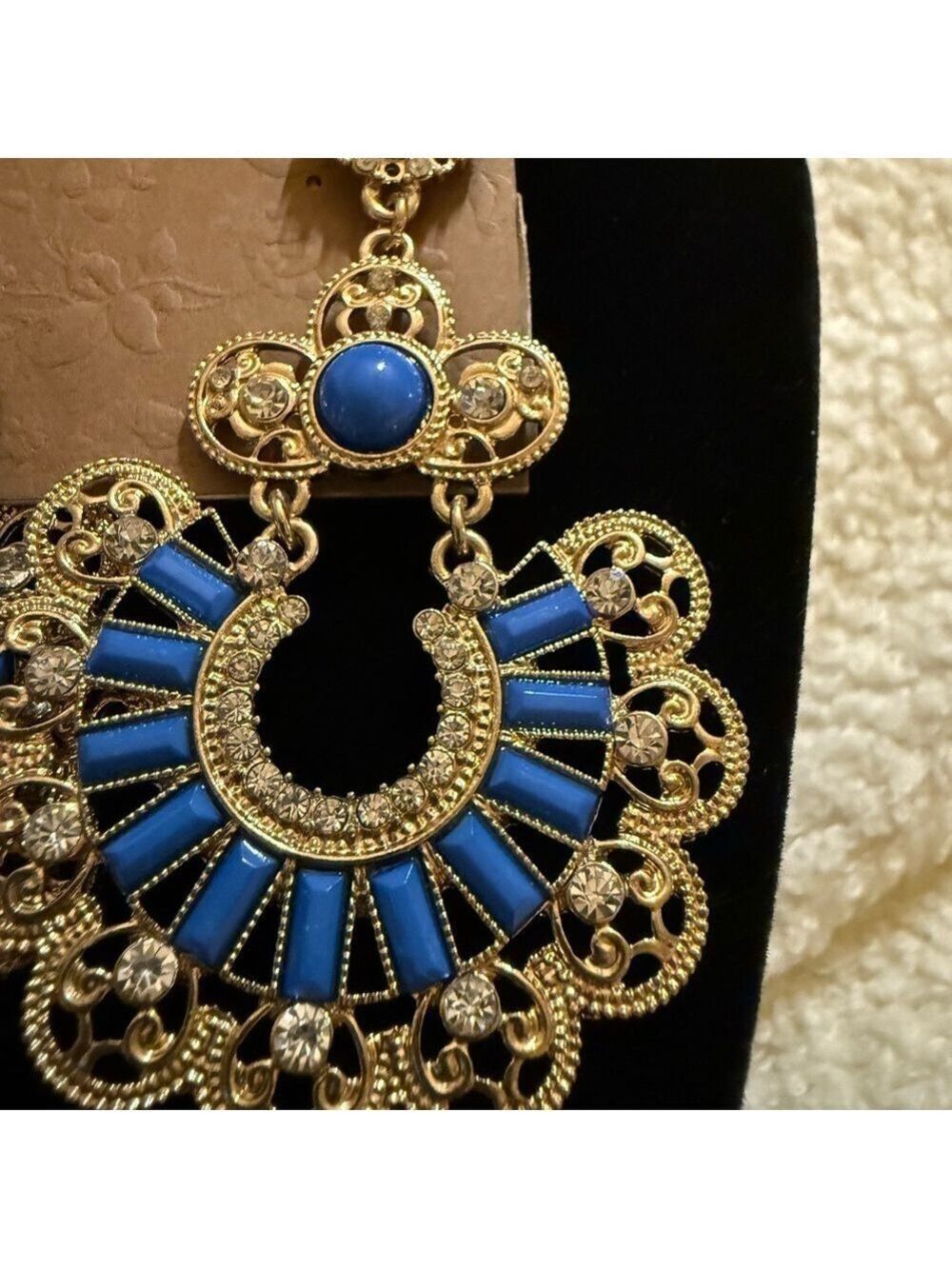 Natasha Couture Blue and Gold Filigree Earrings - Picture 2 of 4